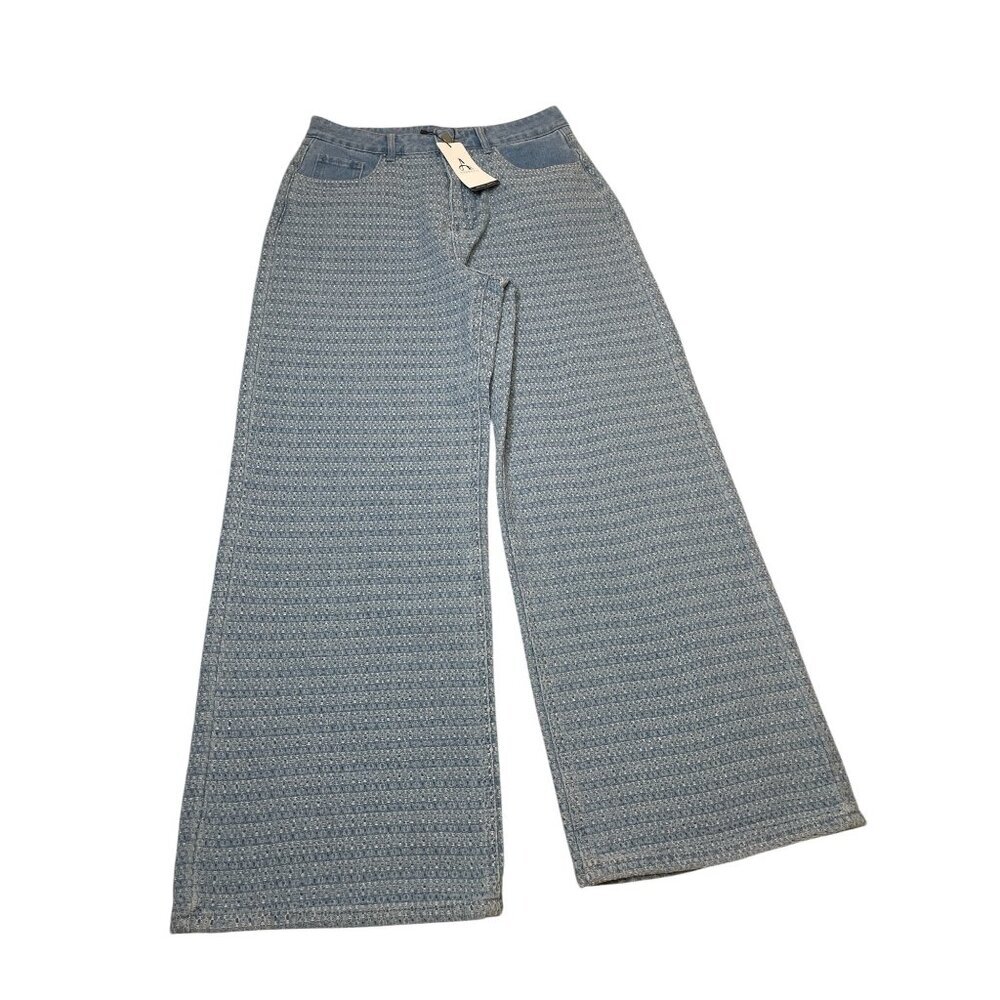 Anewsta Jacquard Weave Wide Leg Loose Fit High Rise Blue Denim Jeans size L